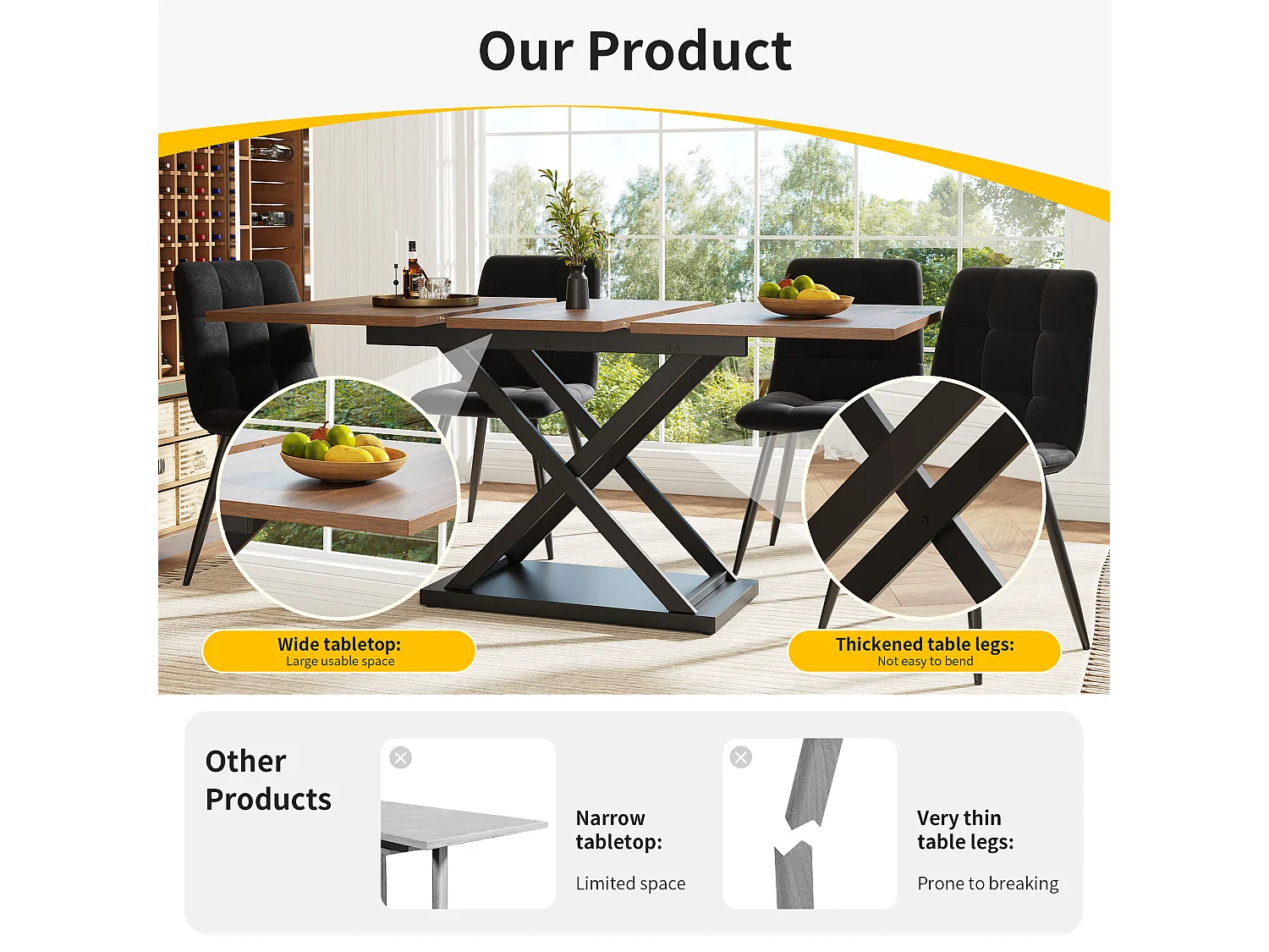 Table à manger escamotable - en MDF & Métal - plateau effet grain de bois - Marron