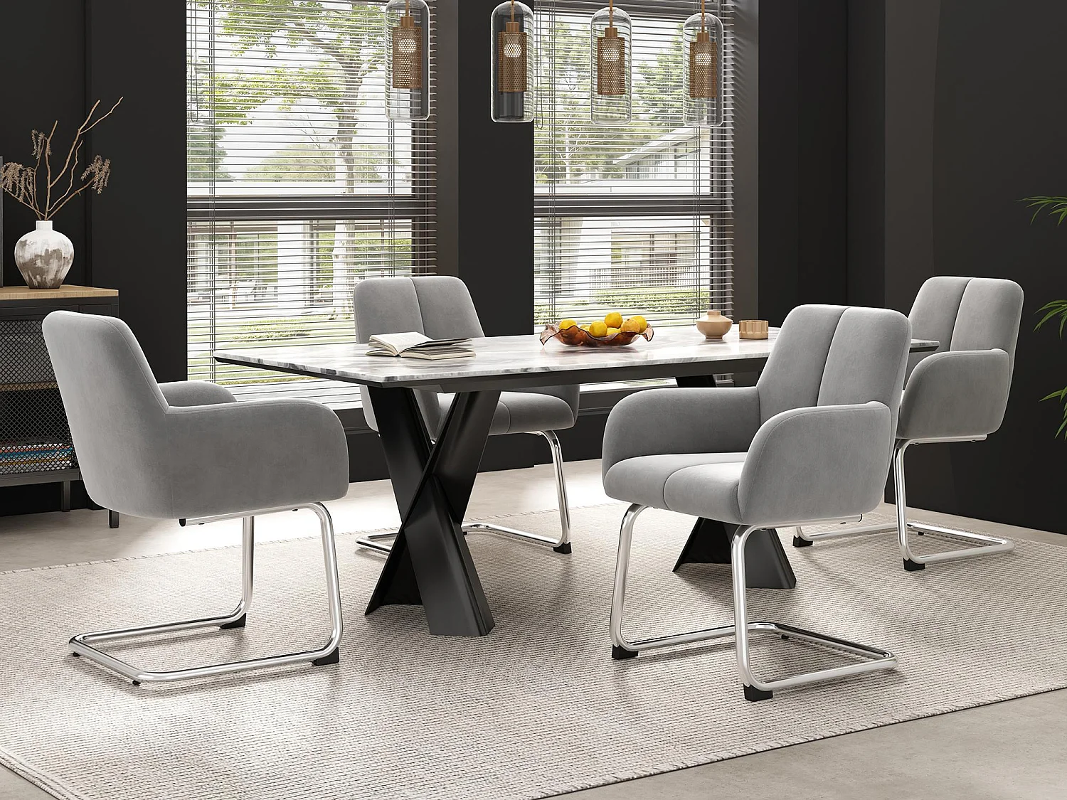 Lot de 4 Chaises cantilever recouvertes de velours - avec pieds en métal - Gris clair