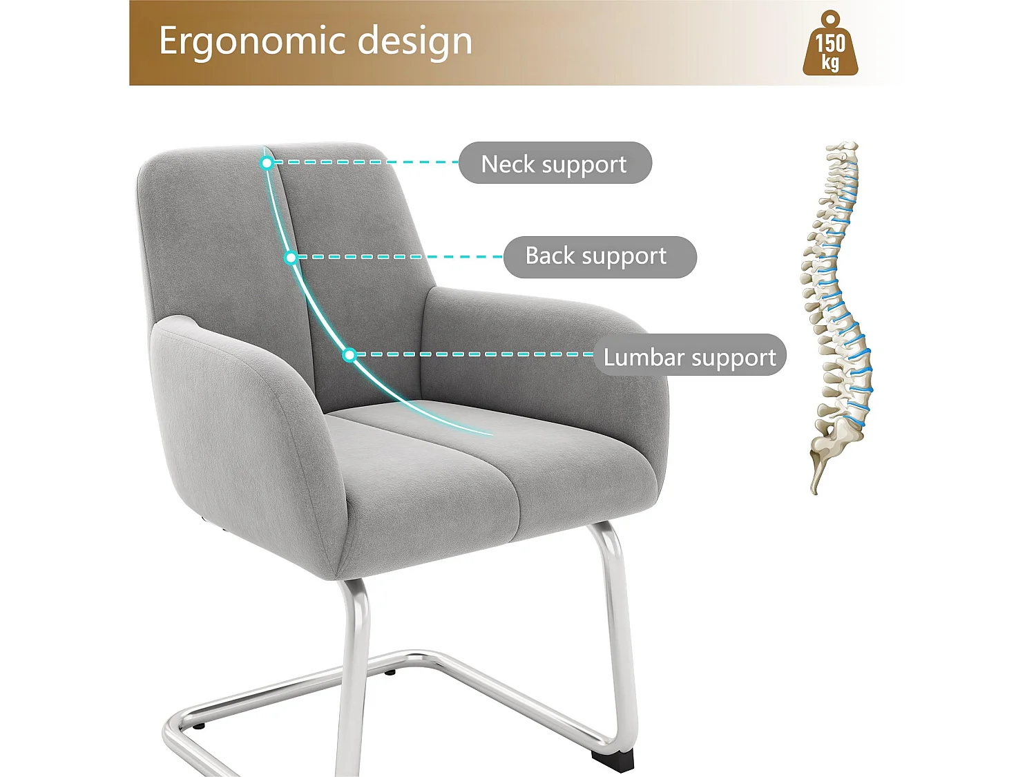 Lot de 4 Chaises cantilever recouvertes de velours - avec pieds en métal - Gris clair