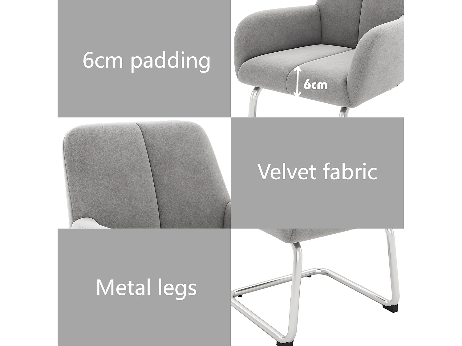 Lot de 4 Chaises cantilever recouvertes de velours - avec pieds en métal - Gris clair