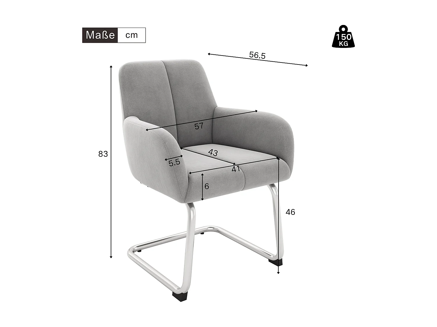 Lot de 4 Chaises cantilever recouvertes de velours - avec pieds en métal - Gris clair