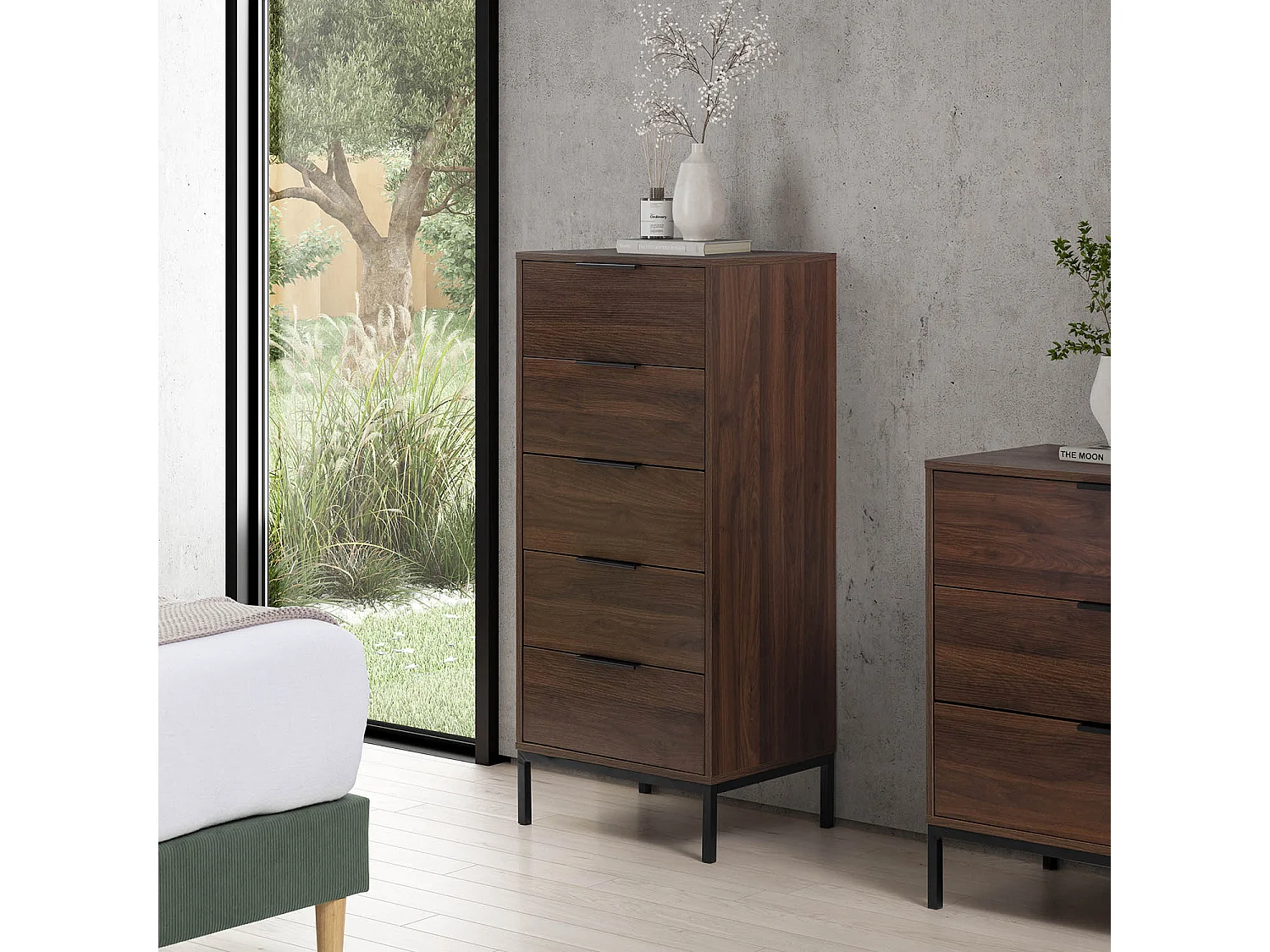 Hohe kommode Auri 5 schubladen Walnussfarbe