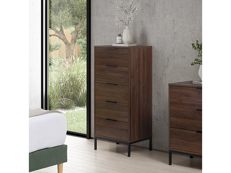 Commode haute Auri 5 tiroirs couleur Noyer