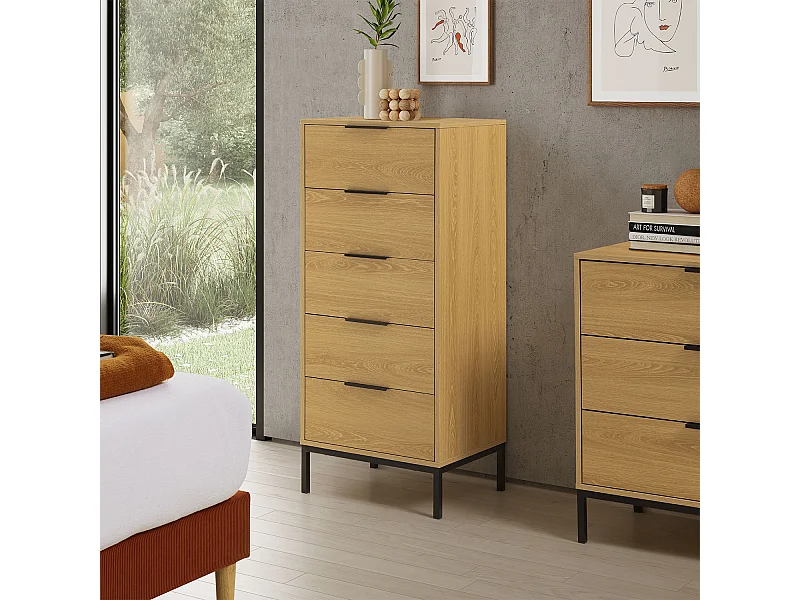 Cómoda alta Auri 5 cajones color Roble