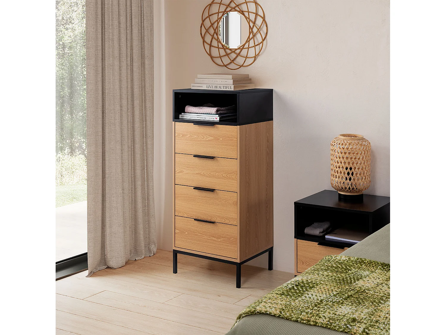 Hohe kommode Nieve 4 schubladen Eichenfarbe