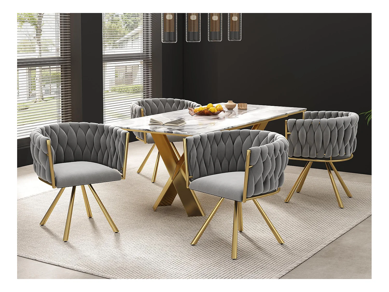 Set aus 4 Samt-Drehstühlen mit Armlehnen – goldene Metallbeine – Grau