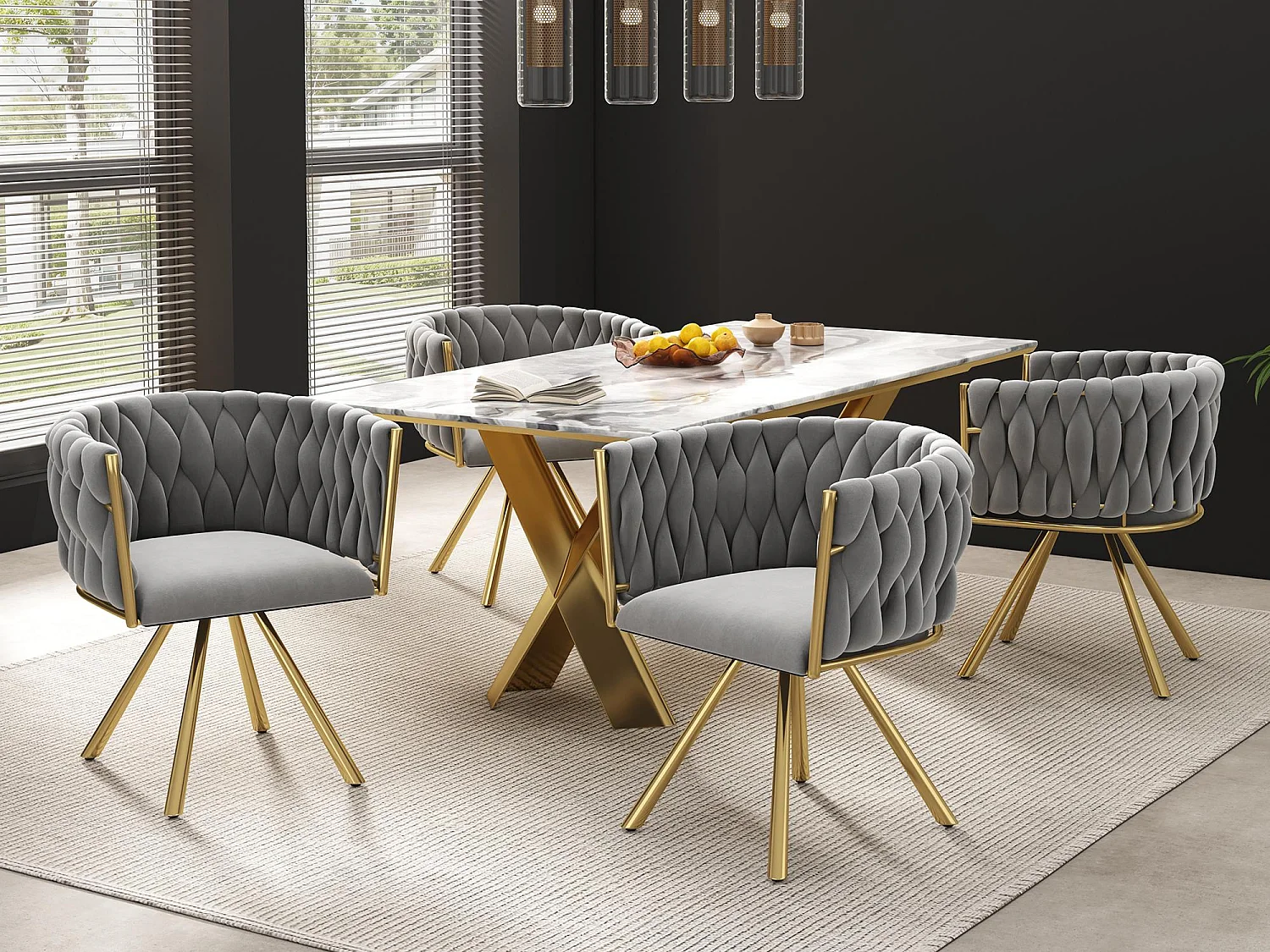 Juego de 4 sillas giratorias de terciopelo con reposabrazos - patas de metal dorado - Gris