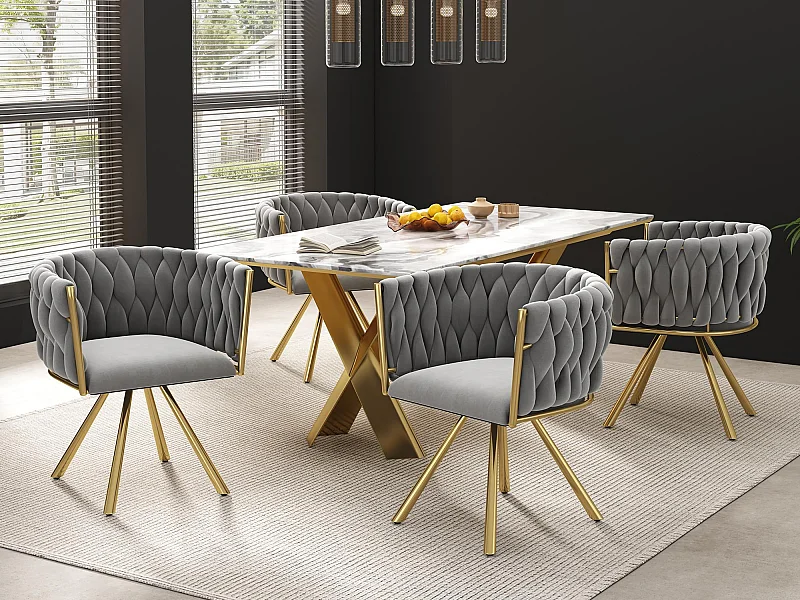 Lot de 4 chaises pivotantes en velours avec accoudoirs - pieds en métal doré - Gris