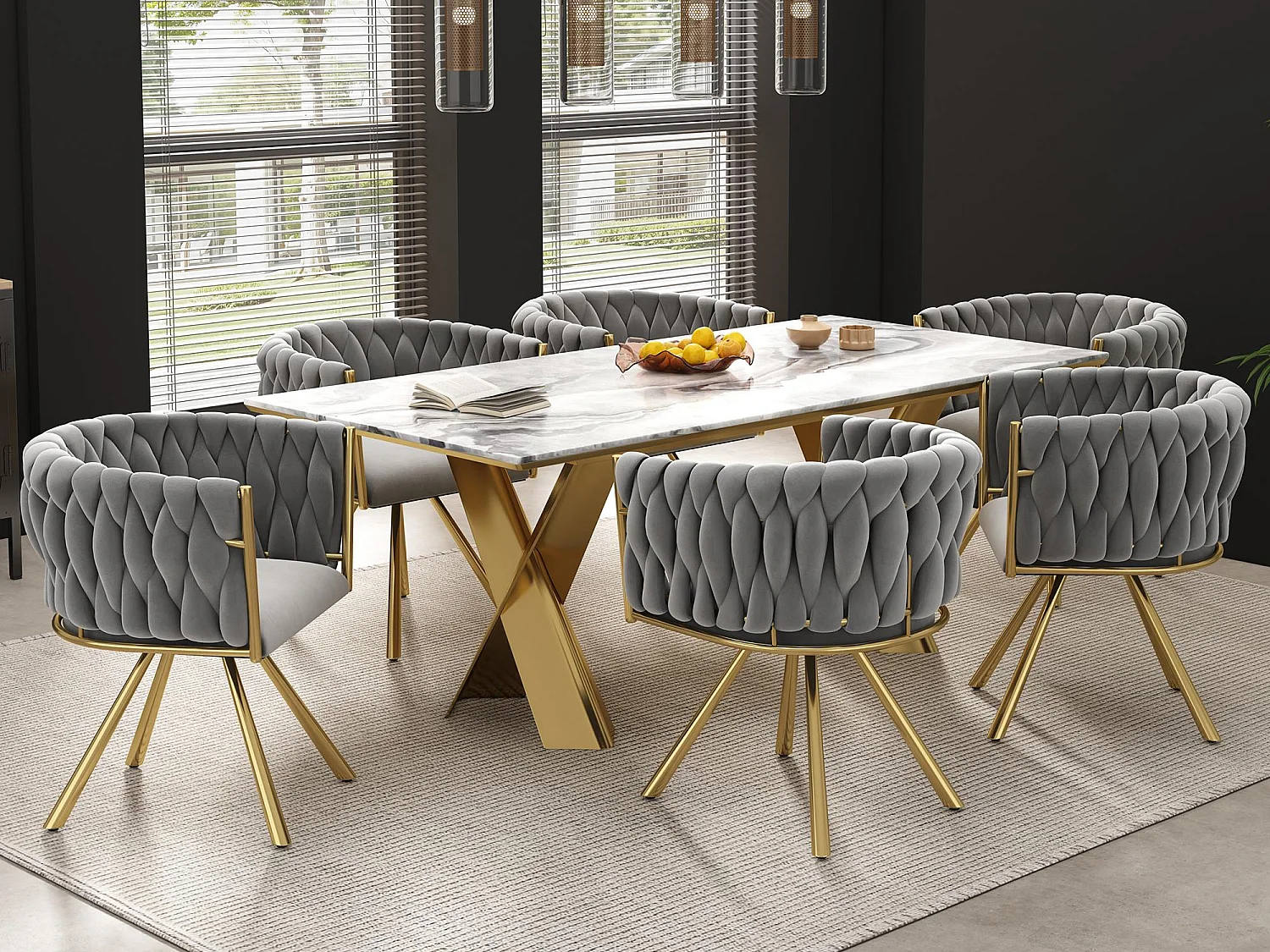 Lot de 6 chaises pivotantes en velours avec accoudoirs - pieds en métal doré - Gris