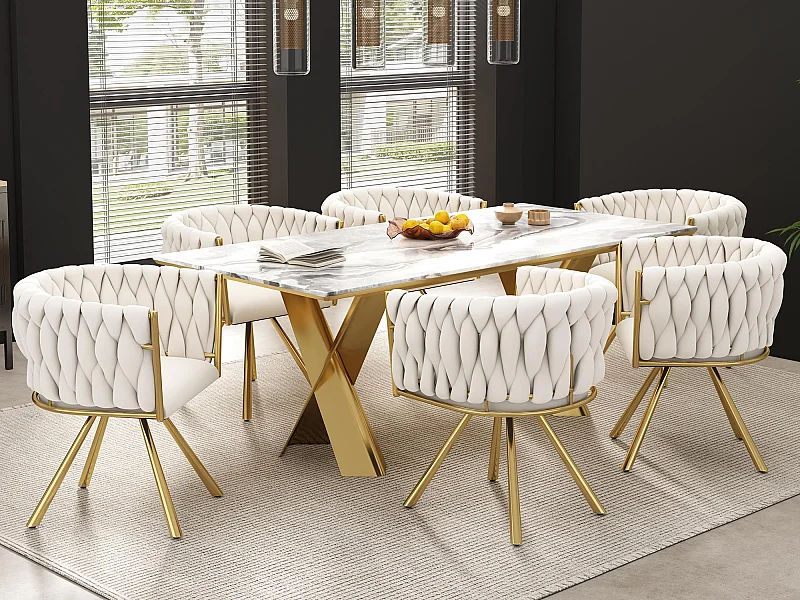 Set aus 6 Samt-Drehstühlen mit Armlehnen – goldene Metallbeine – Beige