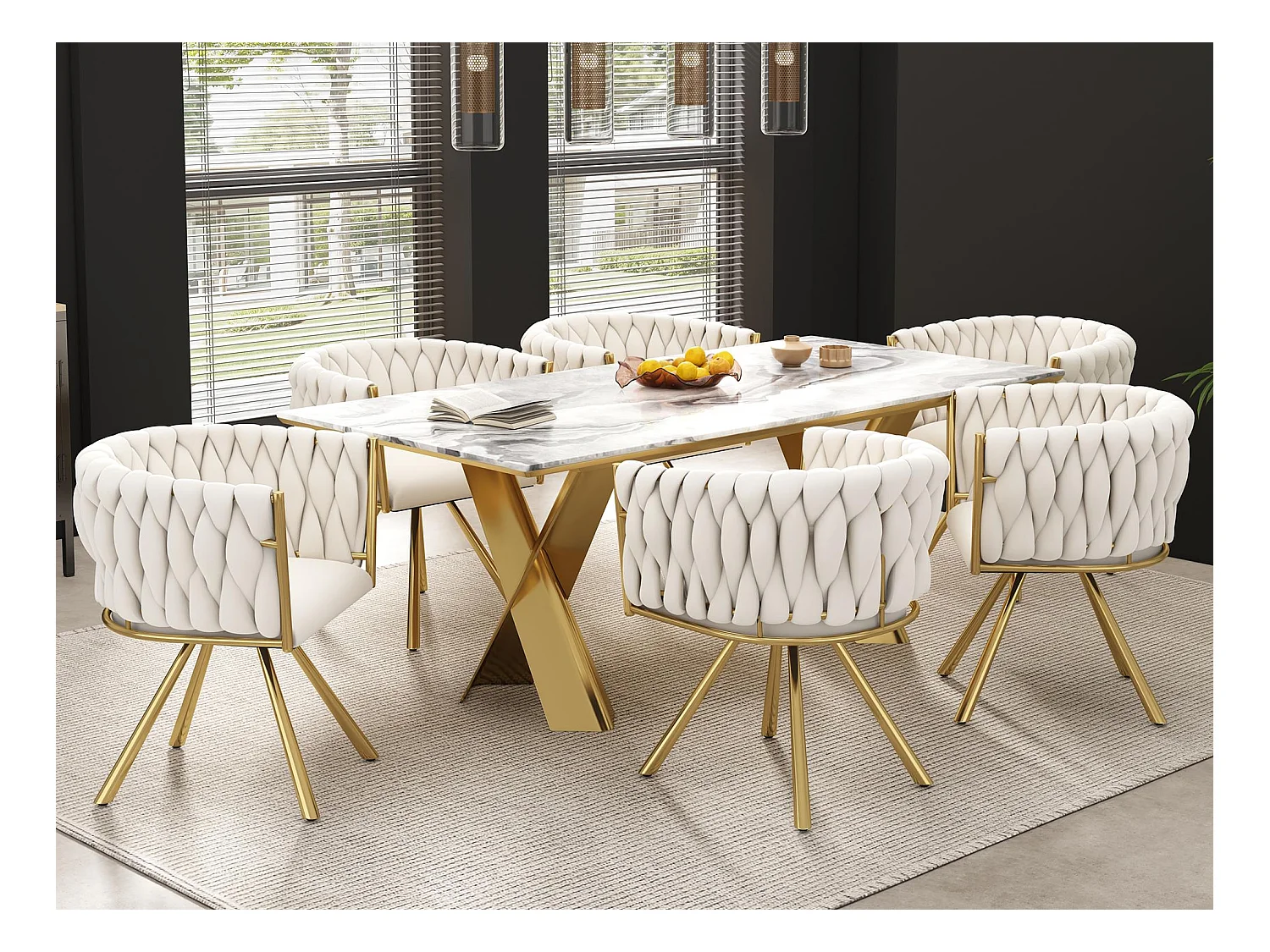 Lot de 6 chaises pivotantes en velours avec accoudoirs - pieds en métal doré - Beige