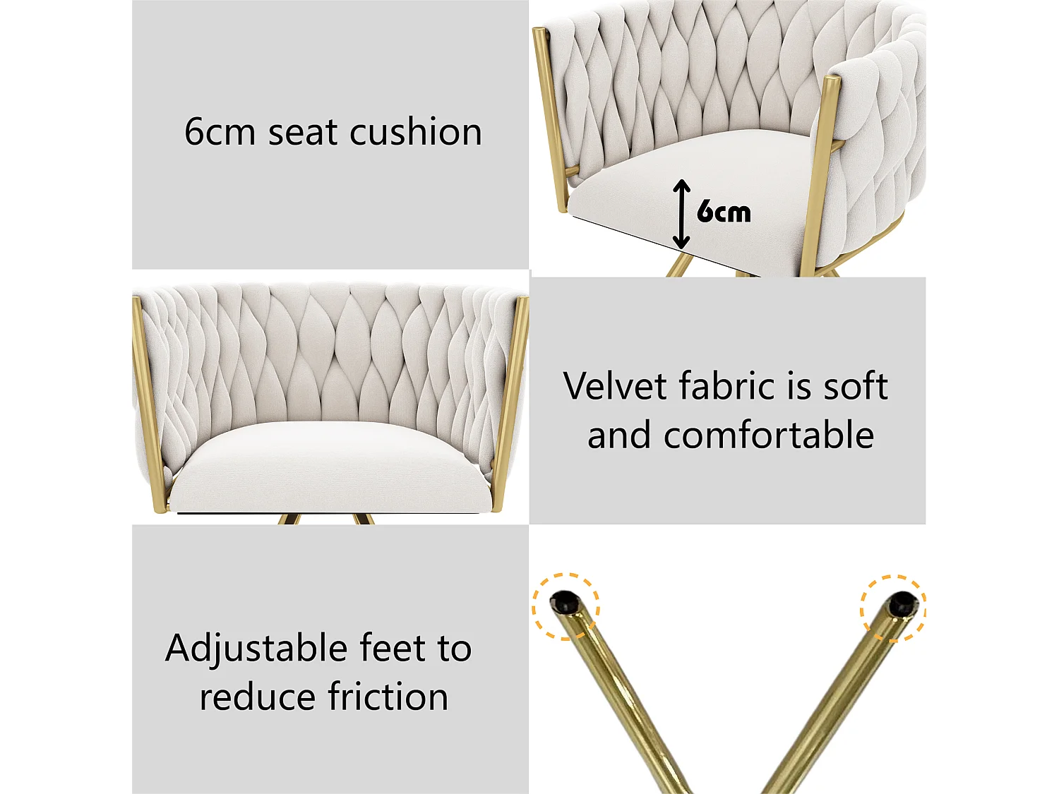 Lot de 6 chaises pivotantes en velours avec accoudoirs - pieds en métal doré - Beige