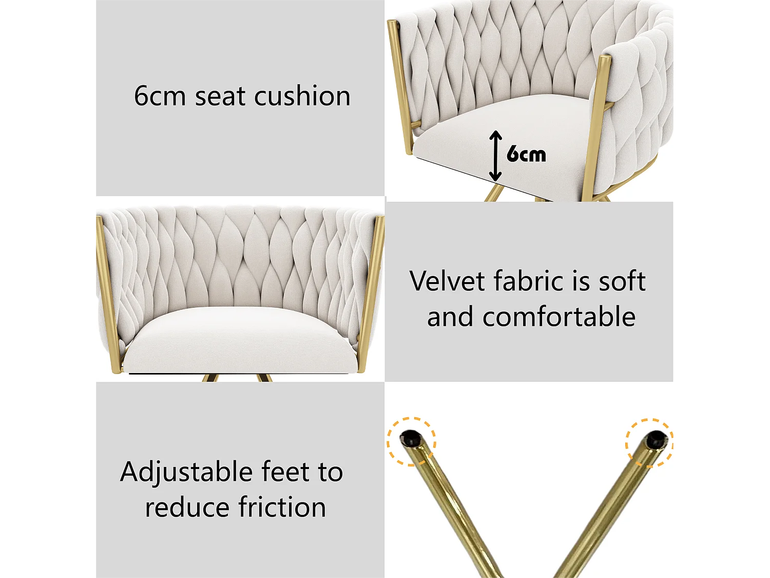 Set van 6 fluwelen draaistoelen met armleuningen - goud metalen poten - Beige