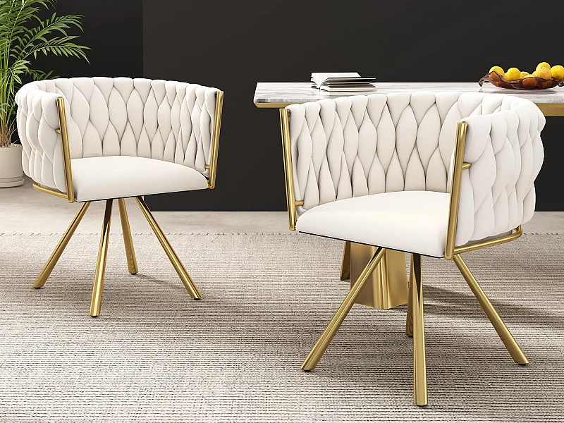 Set aus 2 Samt-Drehstühlen mit Armlehnen – goldene Metallbeine – Beige