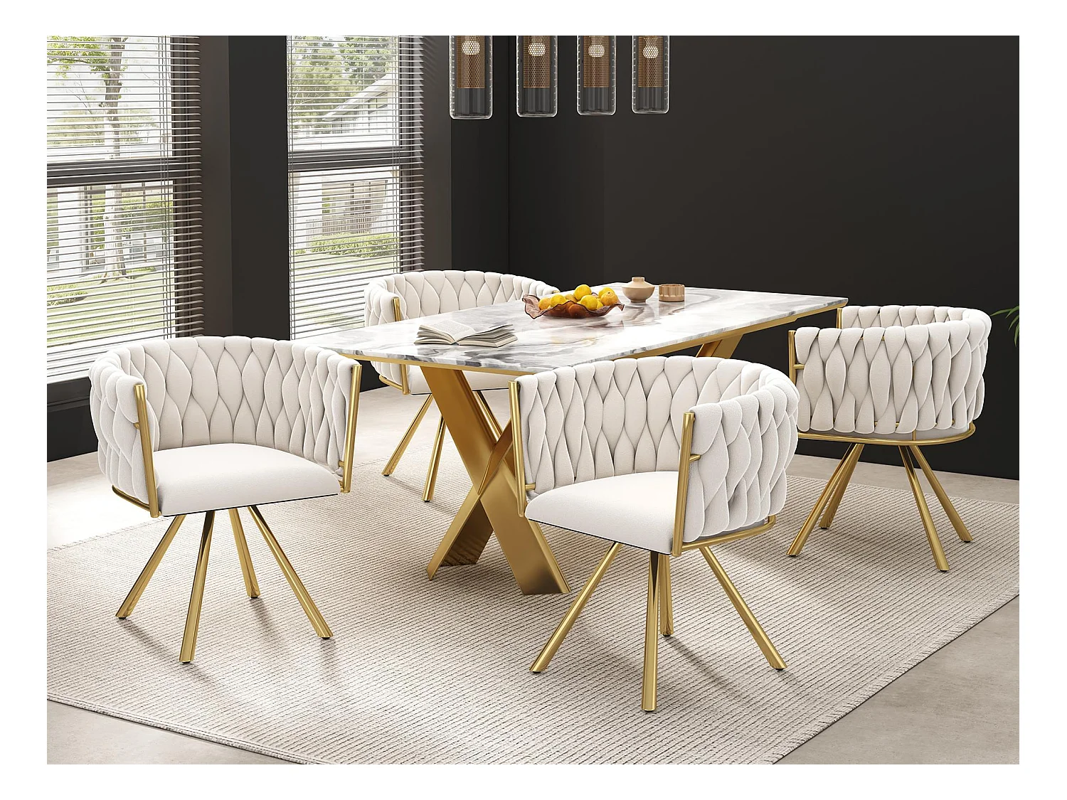 Set van 4 fluwelen draaistoelen met armleuningen - goud metalen poten - Beige
