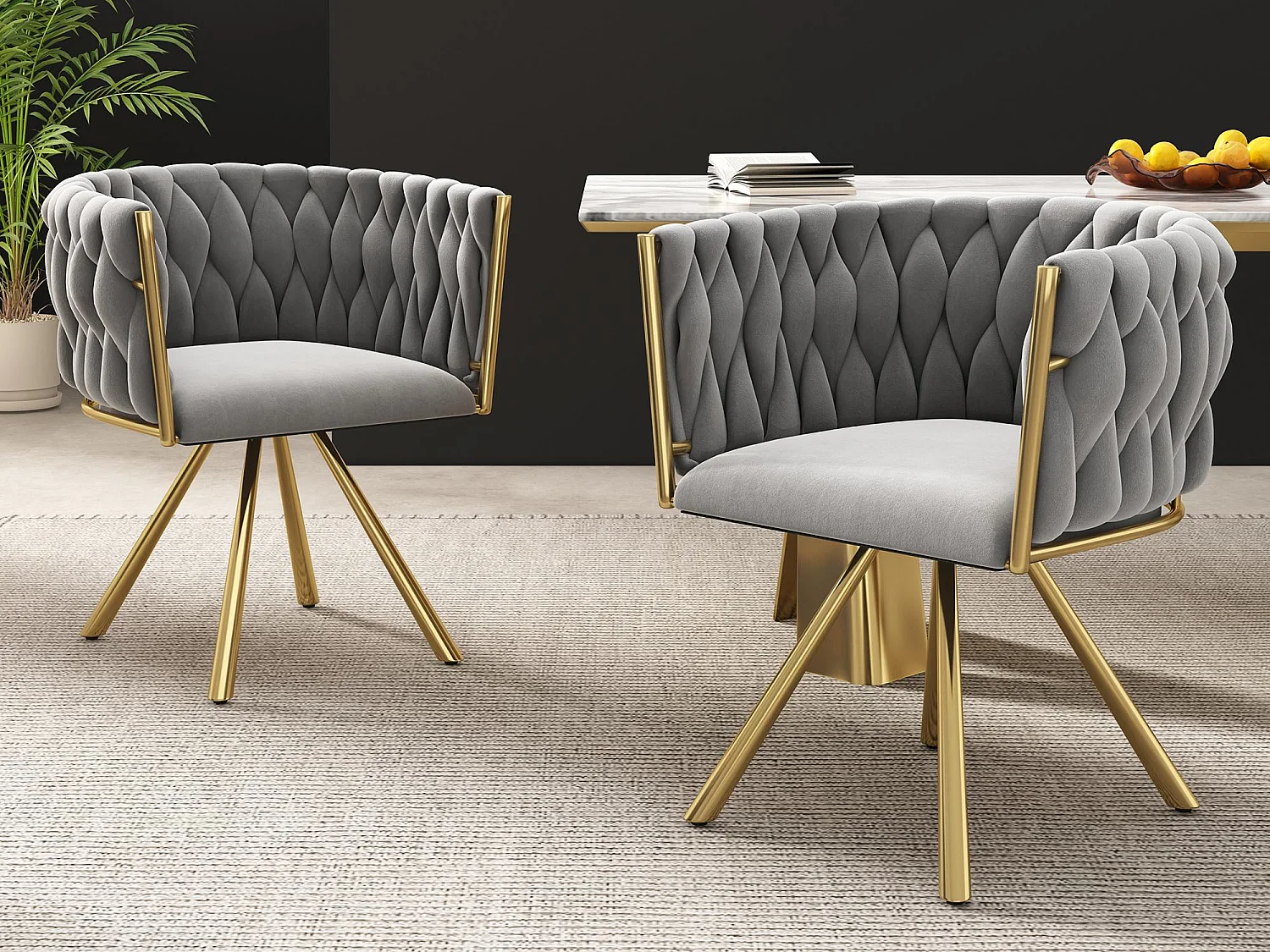 Lot de 2 chaises pivotantes en velours avec accoudoirs - pieds en métal doré - Gris