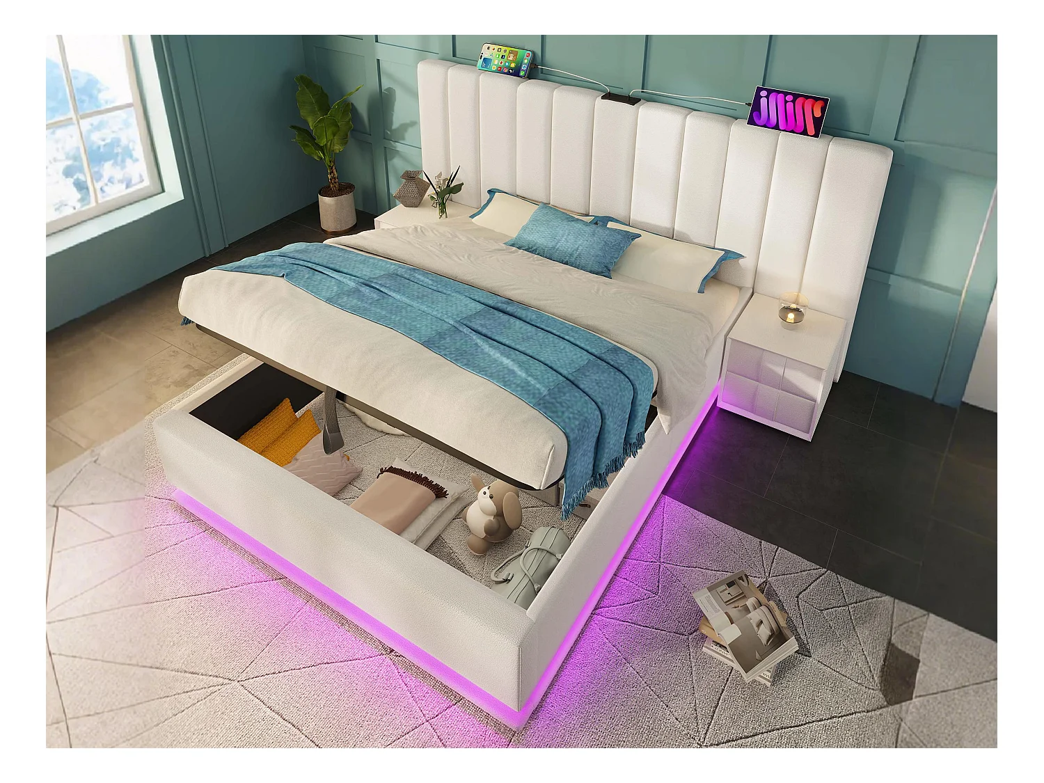 Łóżko tapicerowane z ekoskóry 180×200cm - z LED i ładowaniem - z stelażem na listwach - Białe
