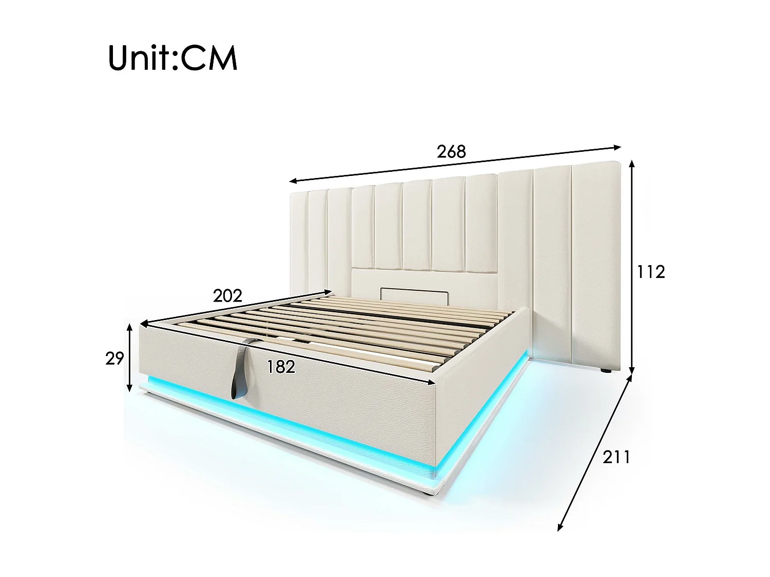 Cama estofada em imitação de pele 180×200cm - com LED e carregamento - com base de ripas - Branco