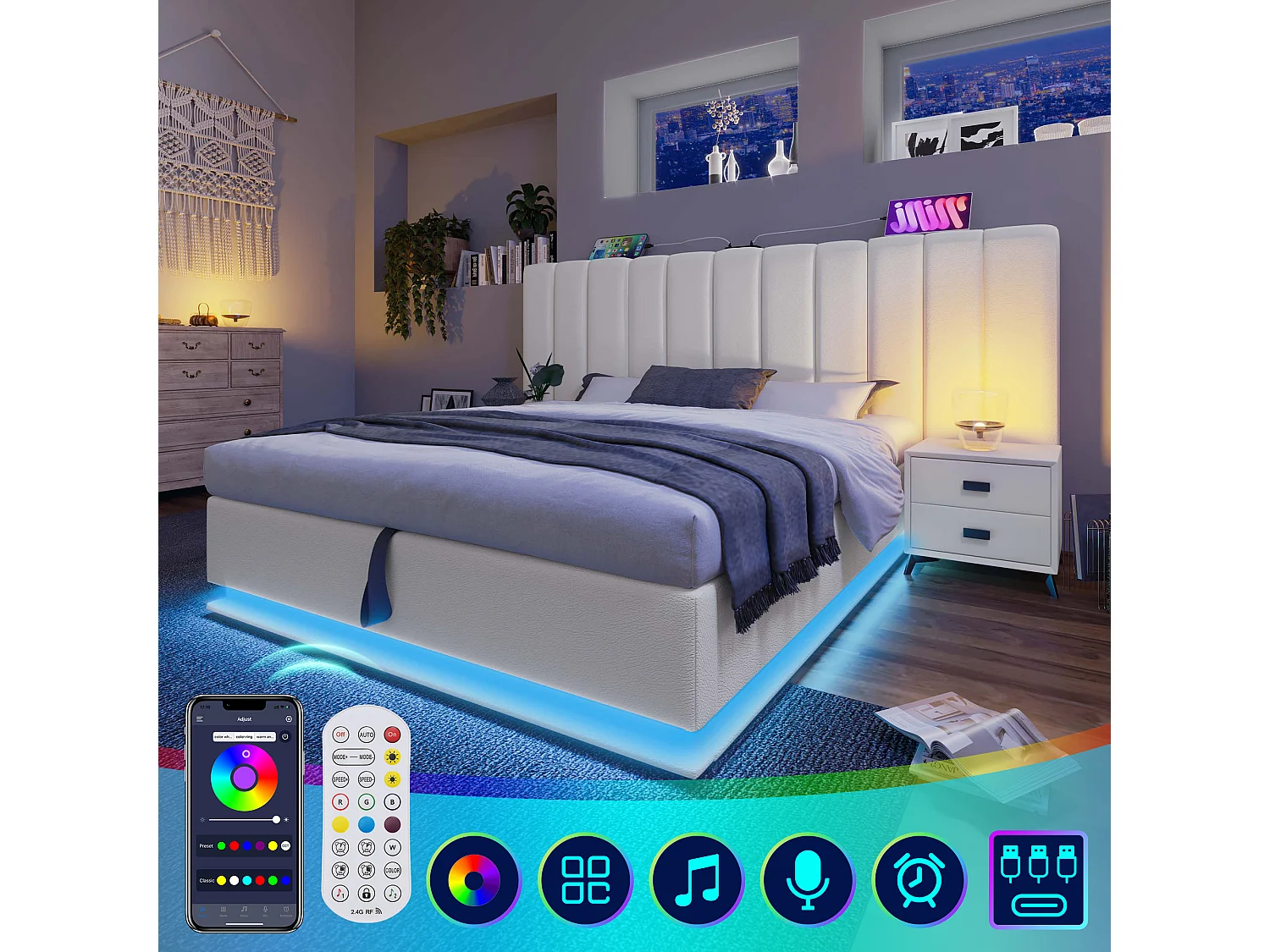 Cama estofada em imitação de pele 180×200cm - com LED e carregamento - com base de ripas - Branco