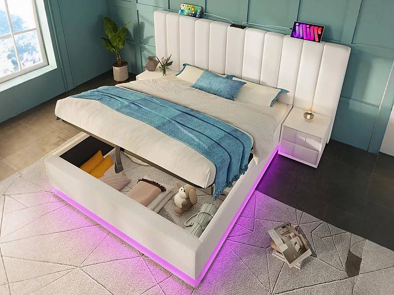 Gepolstertes Stauraumbett aus Kunstleder 180×200 cm – mit LED und Aufladung – mit Lattenrost – Weiß