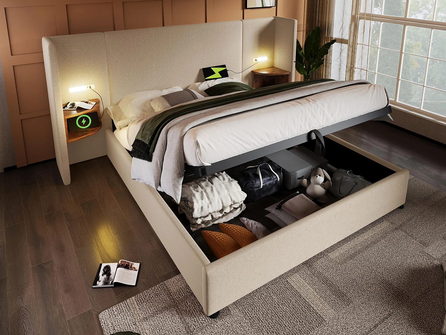 Lit coffre 160x200cm en lin - 2 tables de chavet avec liseuse et fonction chargement - avec sommier à lattes - Beige