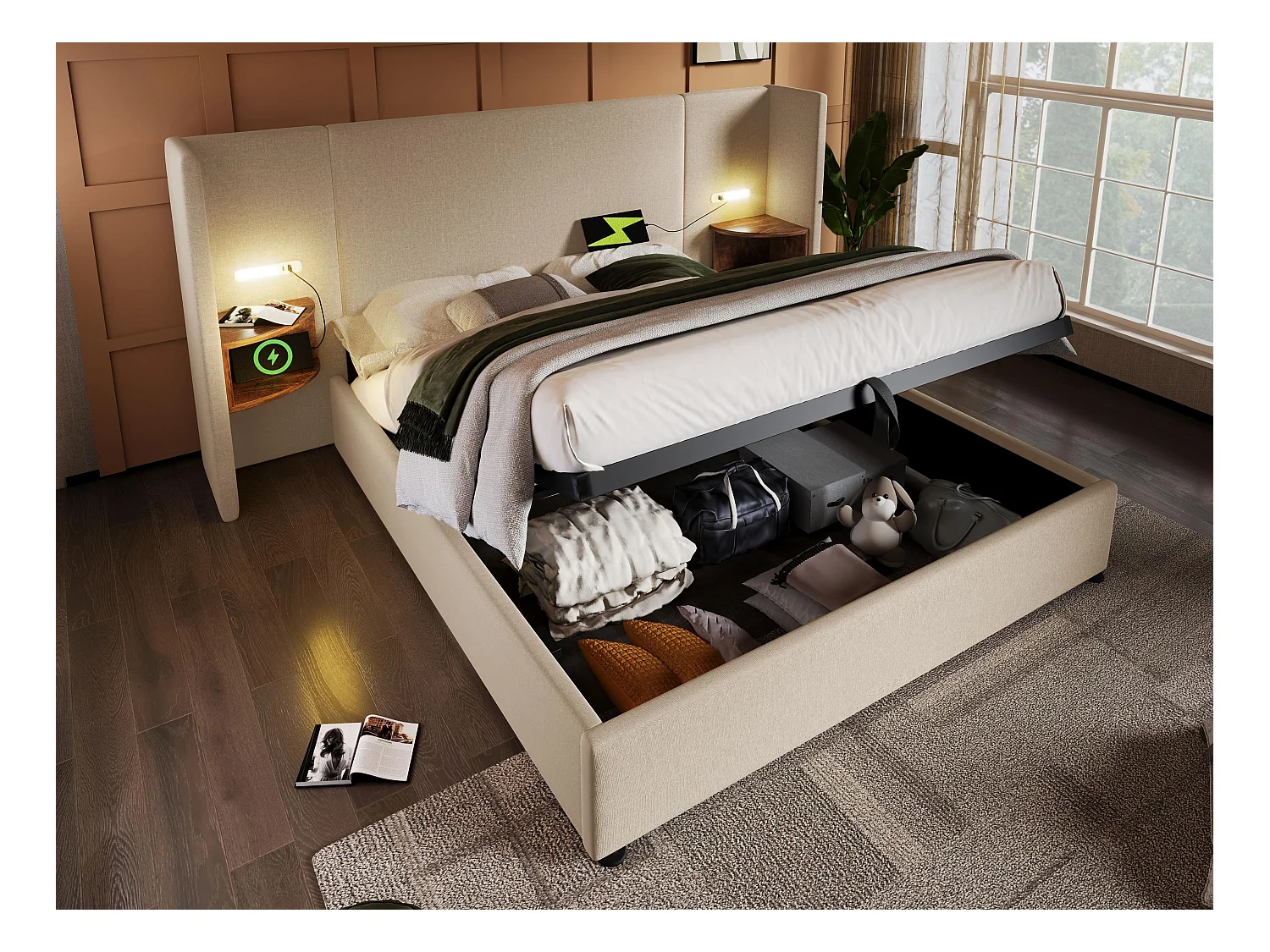 Letto contenitore biancheria 160x200 cm - 2 comodini con luce di lettura e funzione di carico - con rete a doghe - Beige