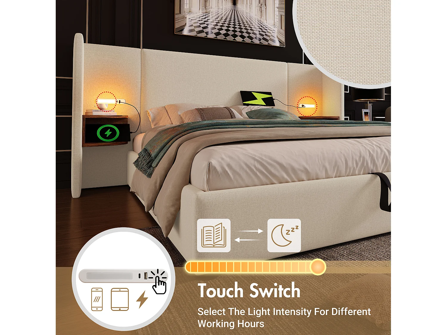 Lit coffre 160x200cm en lin - 2 tables de chavet avec liseuse et fonction chargement - avec sommier à lattes - Beige