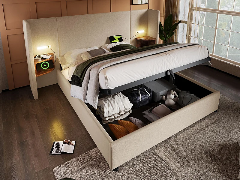 Lit coffre 160x200cm en lin - 2 tables de chavet avec liseuse et fonction chargement - avec sommier à lattes - Beige