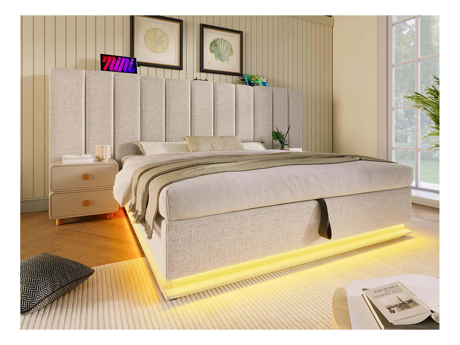 Lit coffre rembourré en lin 160×200cm - avec LED et chargements - avec sommier à lattes - Beige