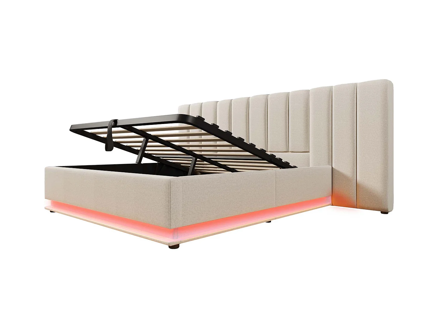 Lit coffre rembourré en lin 160×200cm - avec LED et chargements - avec sommier à lattes - Beige