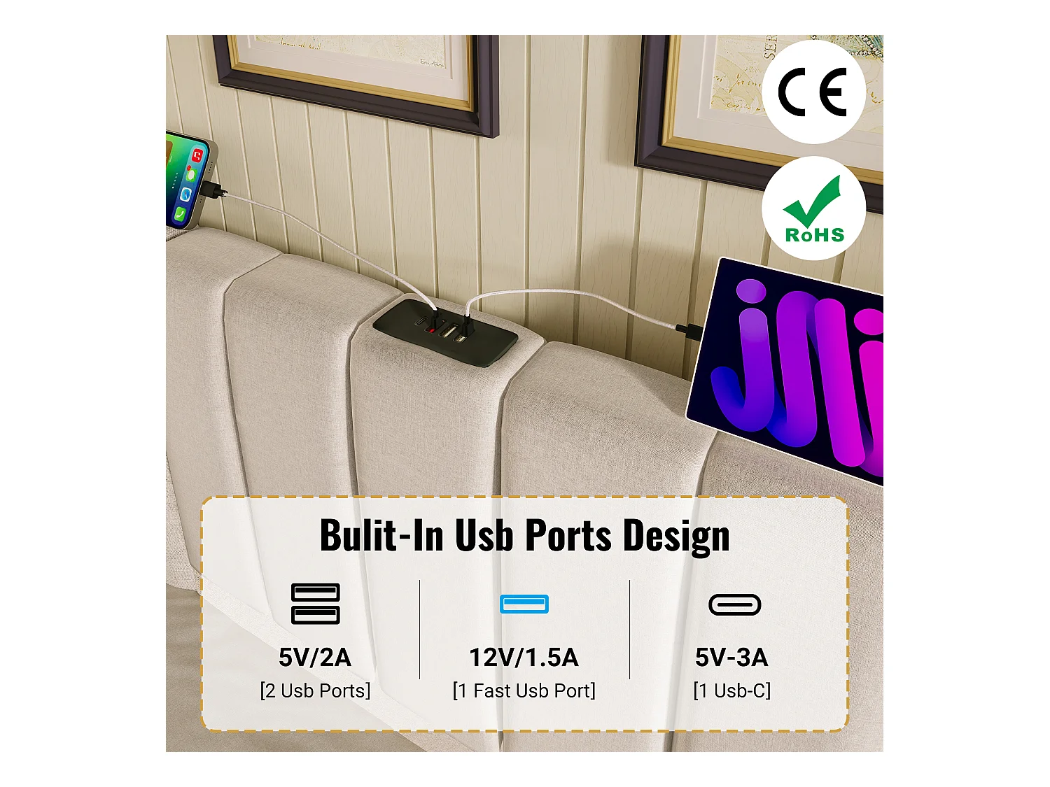 Lit coffre rembourré en lin 160×200cm - avec LED et chargements - avec sommier à lattes - Beige