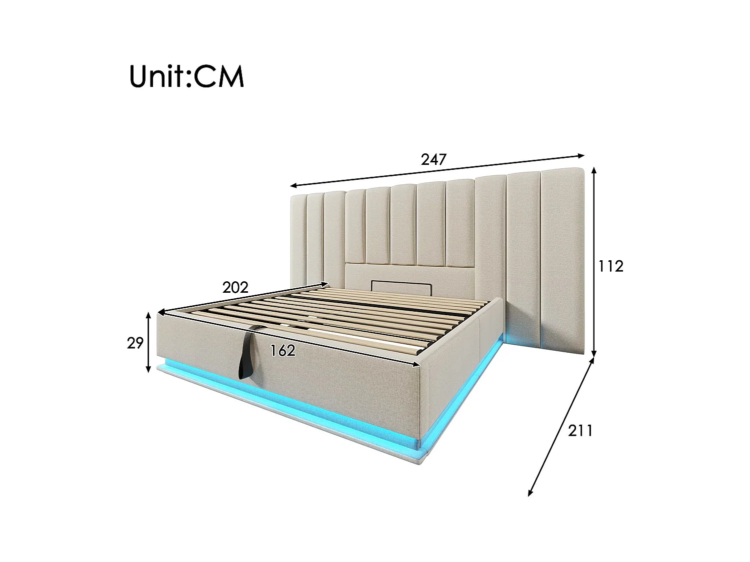 Lit coffre rembourré en lin 160×200cm - avec LED et chargements - avec sommier à lattes - Beige