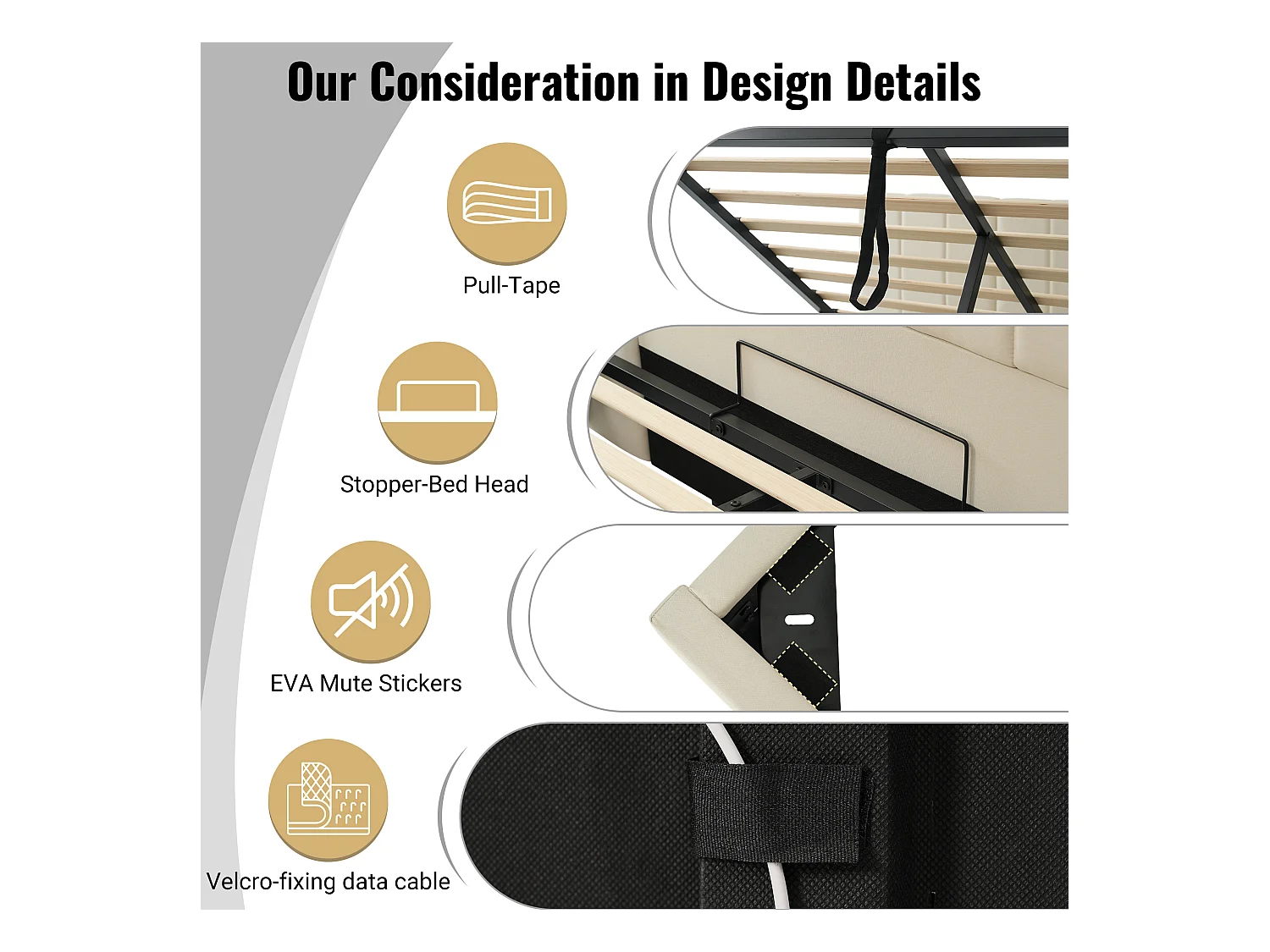 Lit coffre rembourré en lin 160×200cm - avec LED et chargements - avec sommier à lattes - Beige