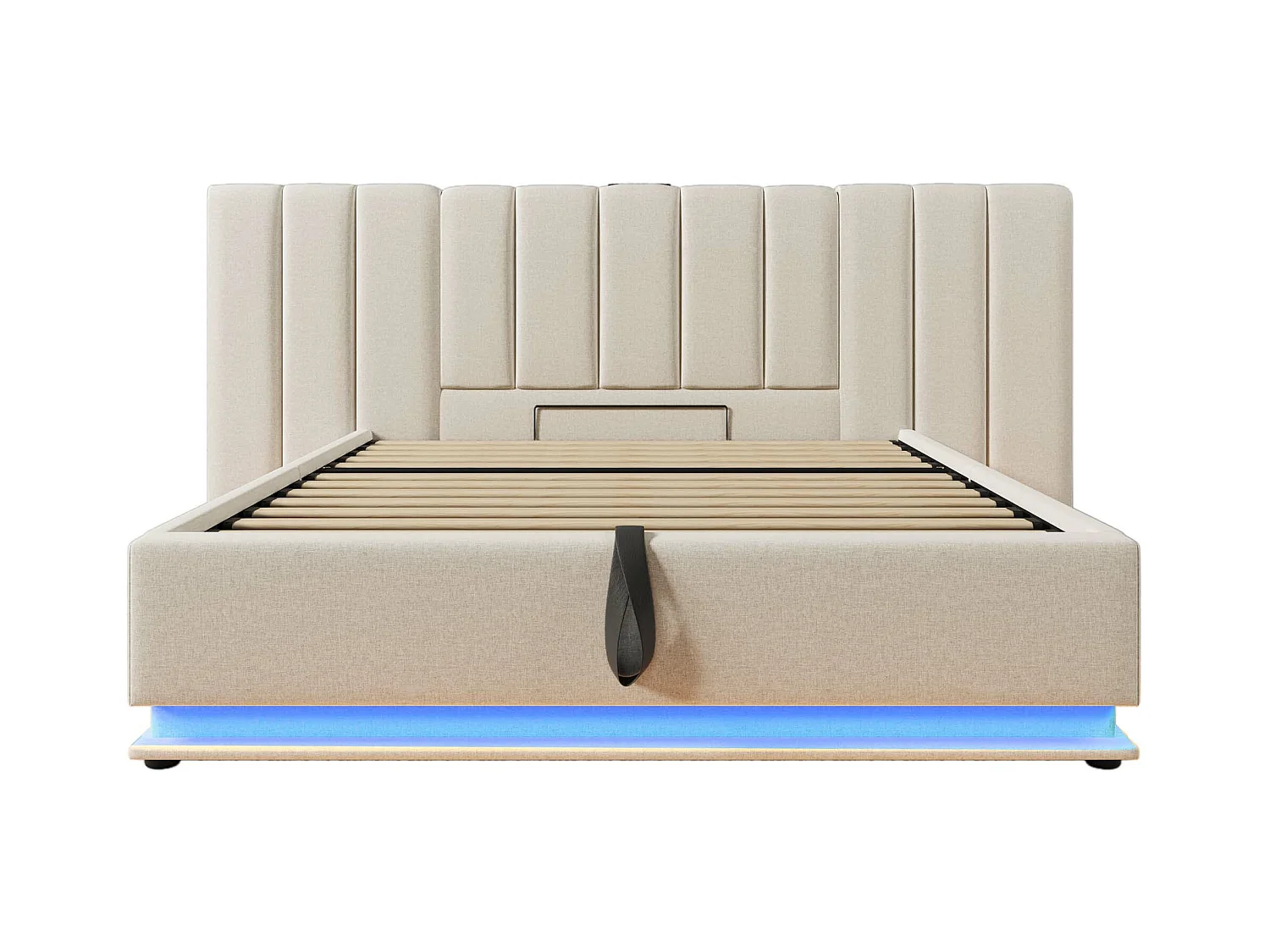 Lit coffre rembourré en lin 160×200cm - avec LED et chargements - avec sommier à lattes - Beige