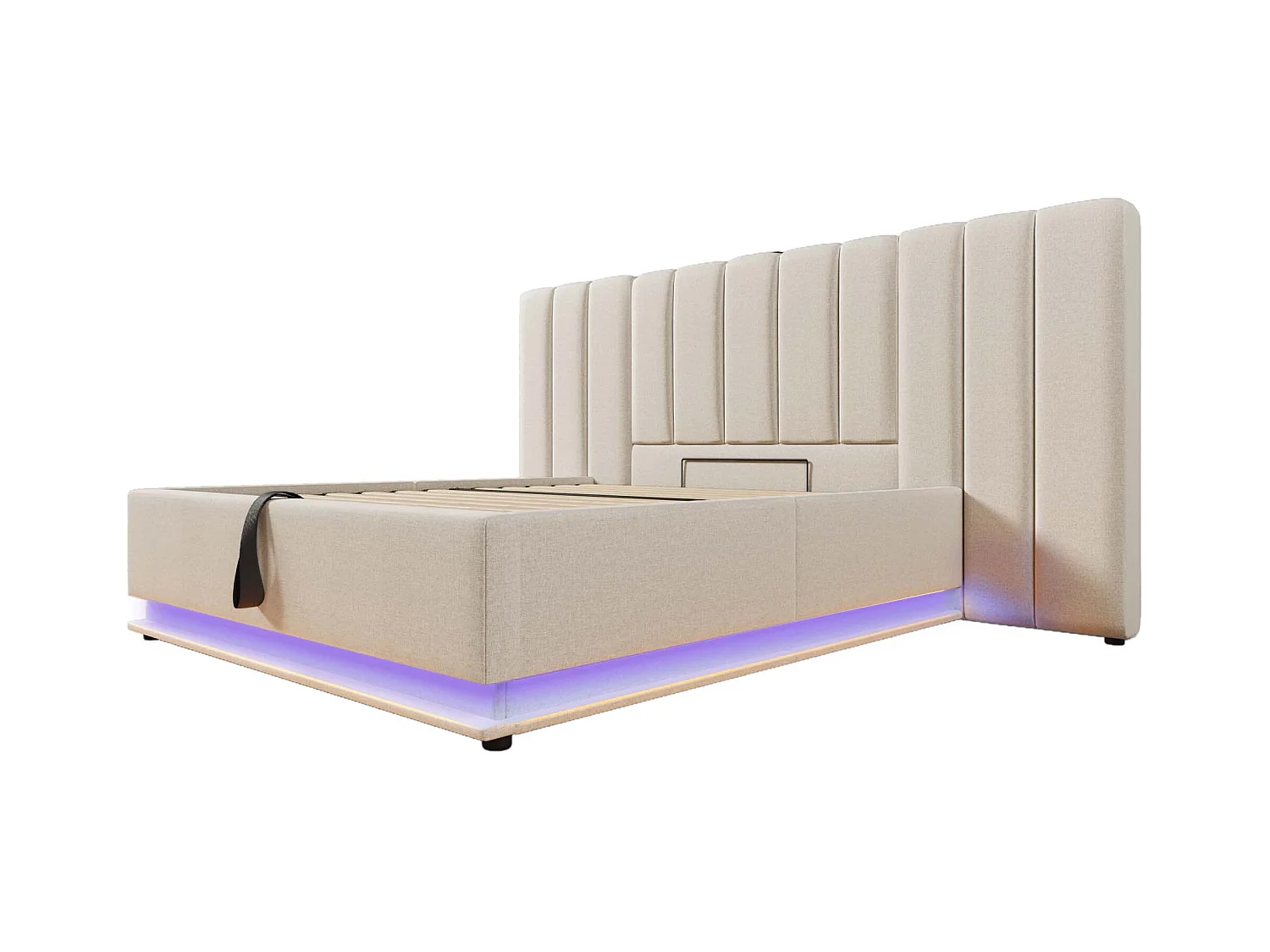 Lit coffre rembourré en lin 160×200cm - avec LED et chargements - avec sommier à lattes - Beige