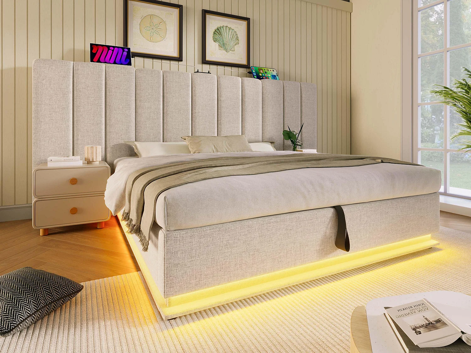 Letto contenitore imbottito in lino 160×200 cm - con LED e ricarica - con rete a doghe - Beige