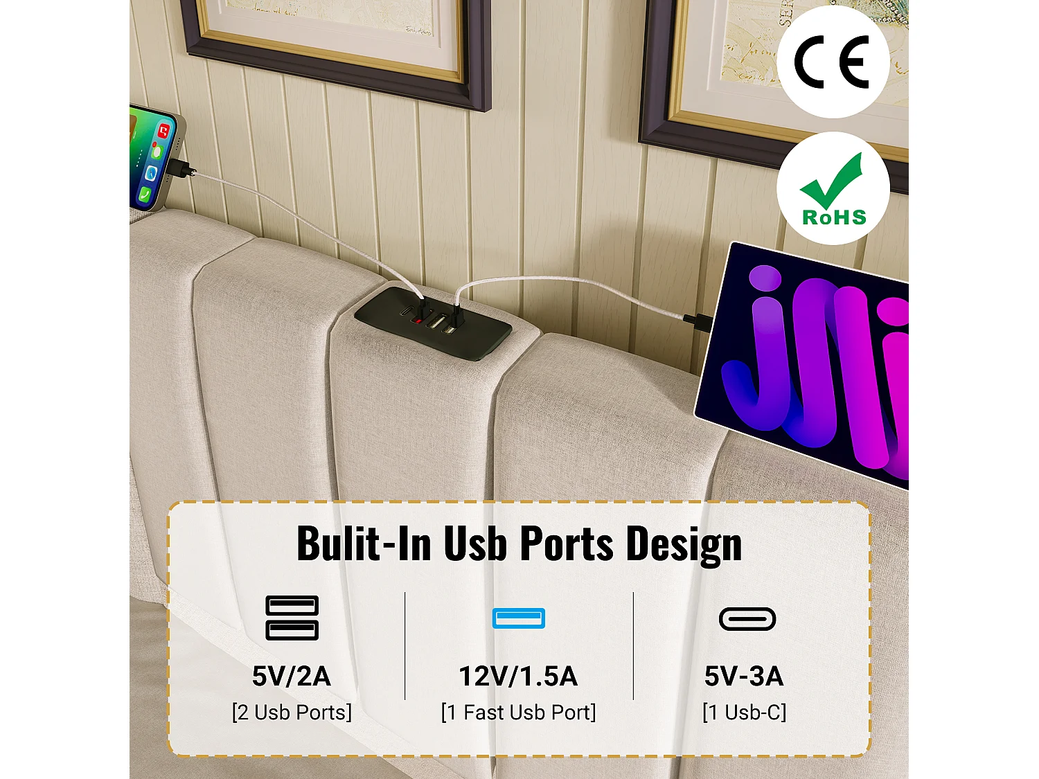 Letto contenitore imbottito in lino 160×200 cm - con LED e ricarica - con rete a doghe - Beige