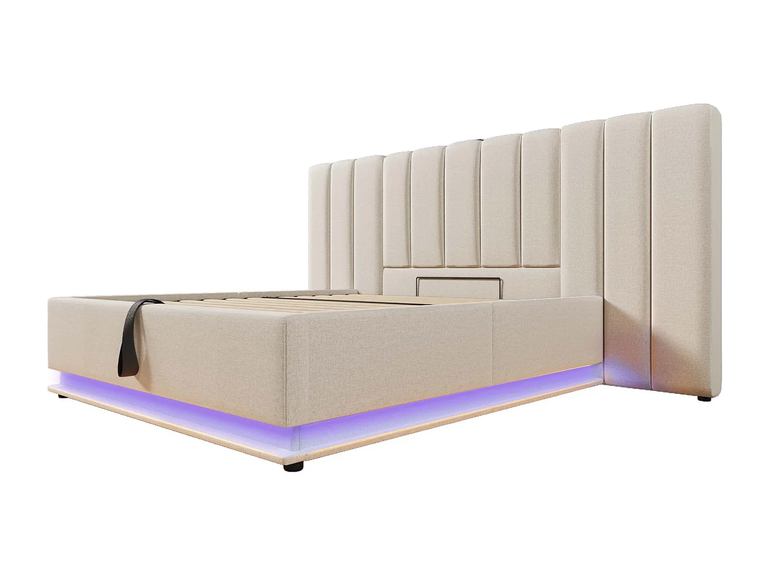 Letto contenitore imbottito in lino 160×200 cm - con LED e ricarica - con rete a doghe - Beige
