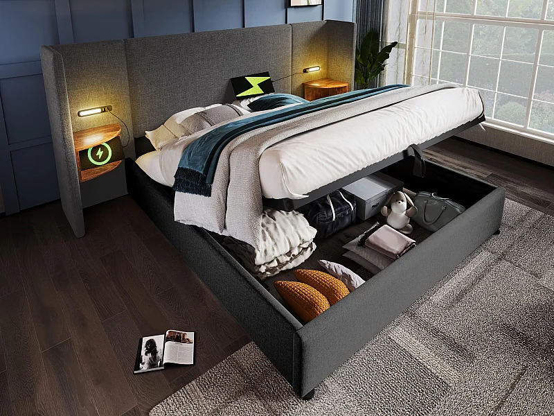 180 x 200 cm großes Bett mit Stauraum aus Leinen – 2 Nachttische mit Leselampe und Ladefunktion – mit Lattenrost – Grau