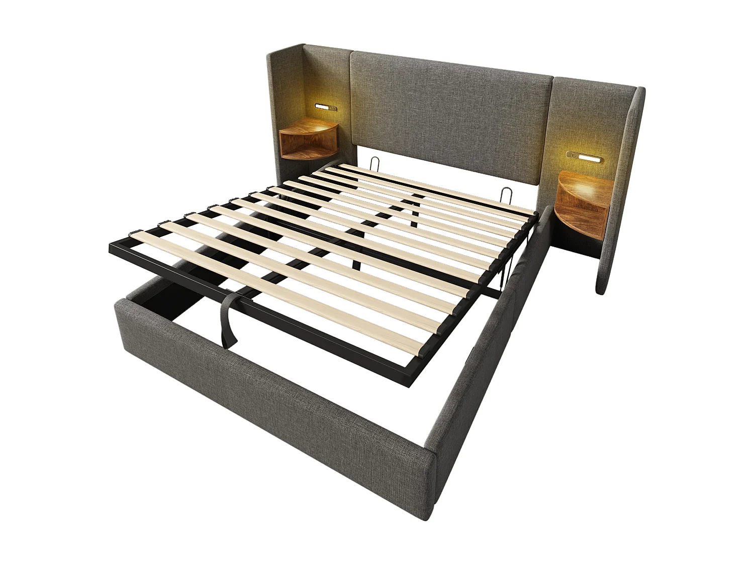 180 x 200 cm großes Bett mit Stauraum aus Leinen – 2 Nachttische mit Leselampe und Ladefunktion – mit Lattenrost – Grau