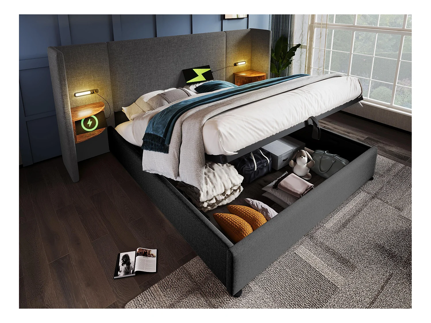Lit coffre 180x200cm en lin - 2 tables de chavet avec liseuse et fonction chargement - avec sommier à lattes - Gris