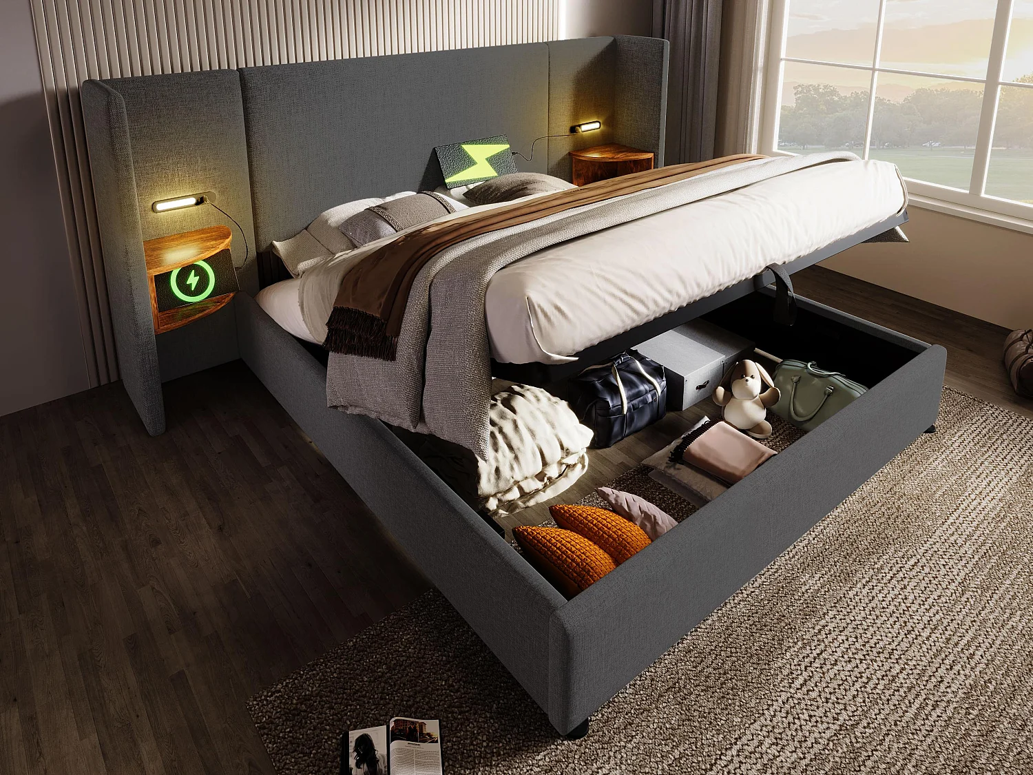 Cama de arrumação em linho 160x200cm - 2 mesas de cabeceira com luz de leitura e função de carregamento - com base de ripas - Cinzento