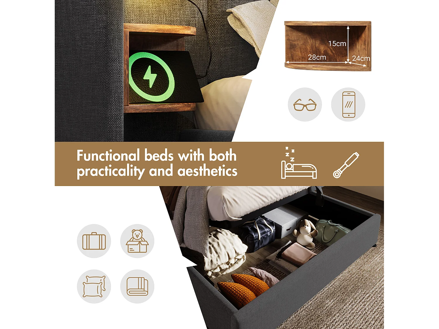 Cama de arrumação em linho 160x200cm - 2 mesas de cabeceira com luz de leitura e função de carregamento - com base de ripas - Cinzento