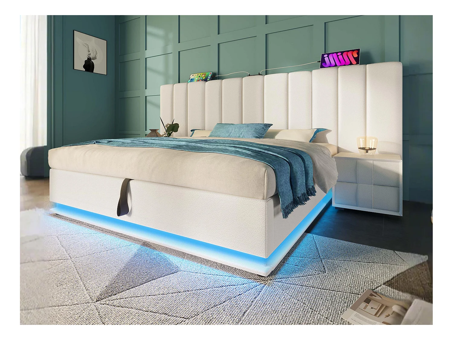 Łóżko tapicerowane z ekoskóry 160×200cm - z LED i ładowaniem - z stelażem na listwach - Białe