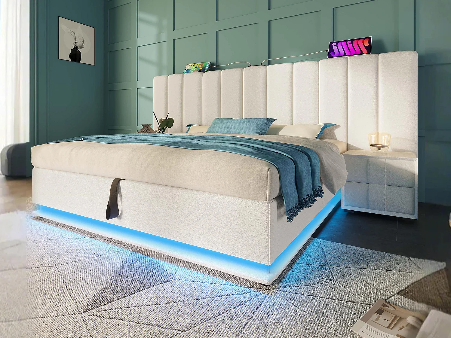 Lit coffre rembourré en similicuir 160×200cm - avec LED et chargements - avec sommier à lattes - Blanc