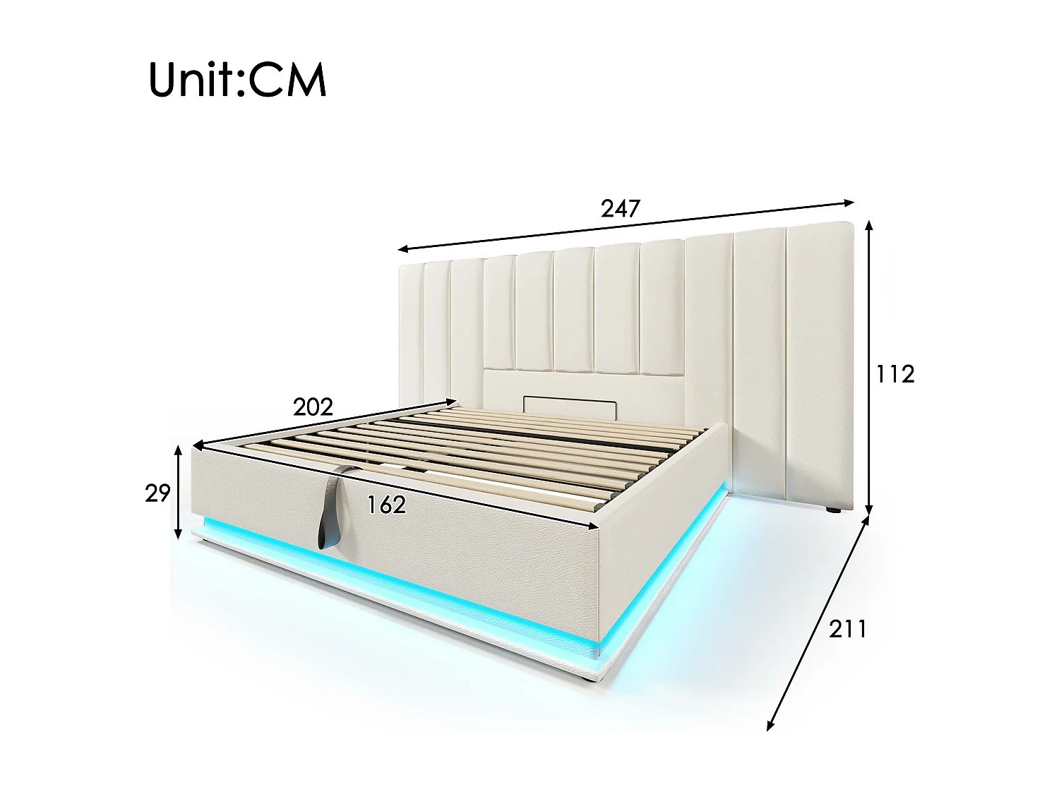 Lit coffre rembourré en similicuir 160×200cm - avec LED et chargements - avec sommier à lattes - Blanc