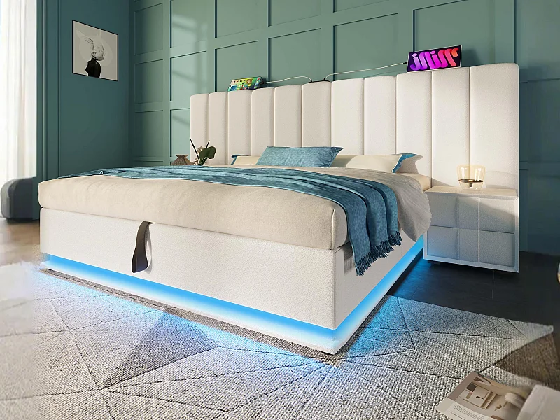 Lit coffre rembourré en similicuir 160×200cm - avec LED et chargements - avec sommier à lattes - Blanc