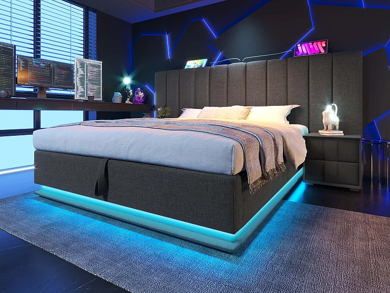 Gepolstertes Bett mit Stauraum aus Leinen, 160 x 200 cm – mit LED und Aufladung – mit Lattenrost – Grau