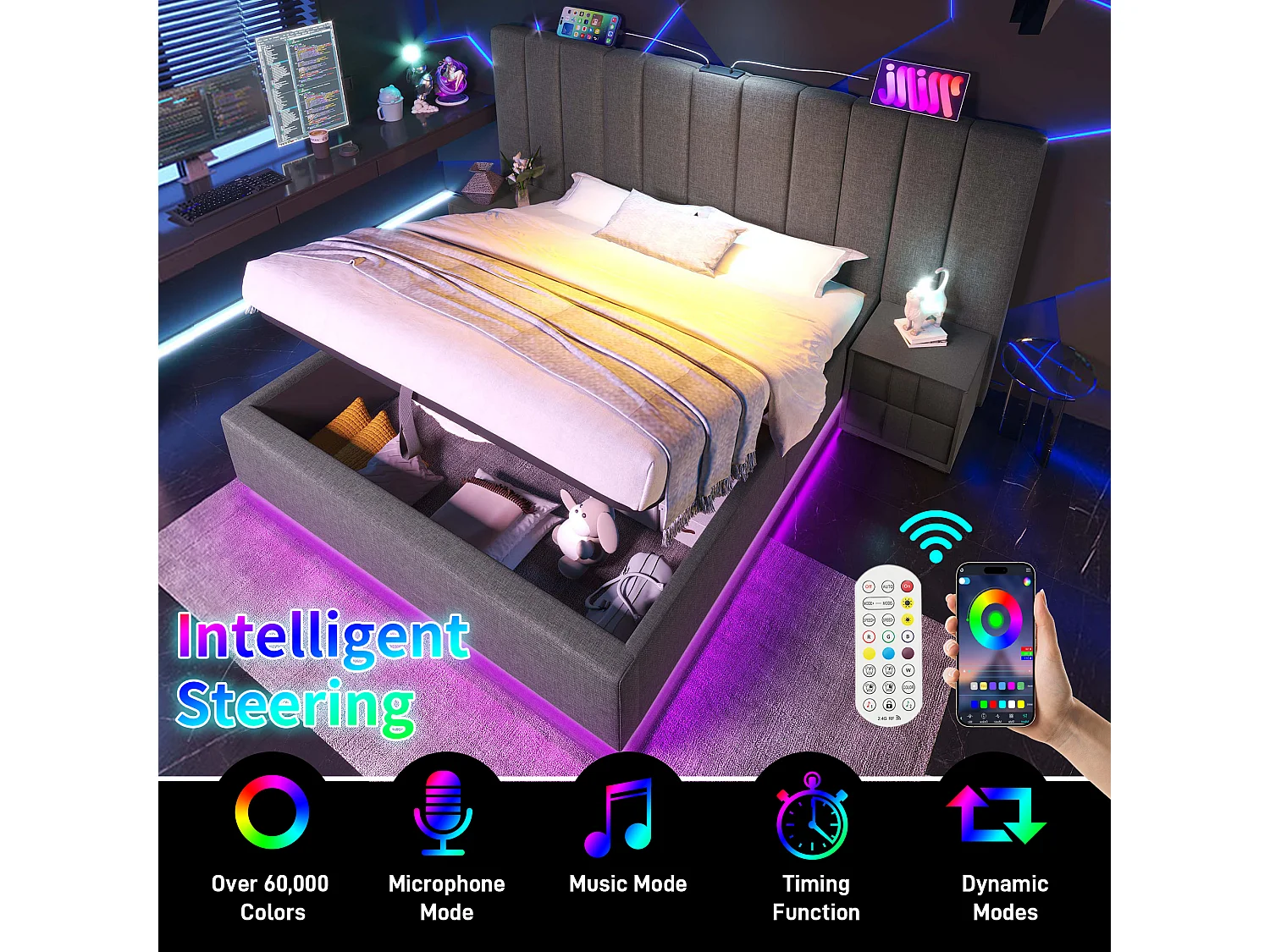 Gestoffeerd linnenopbergbed 160×200cm - met LED en opladen - met lattenbodem - Grijs