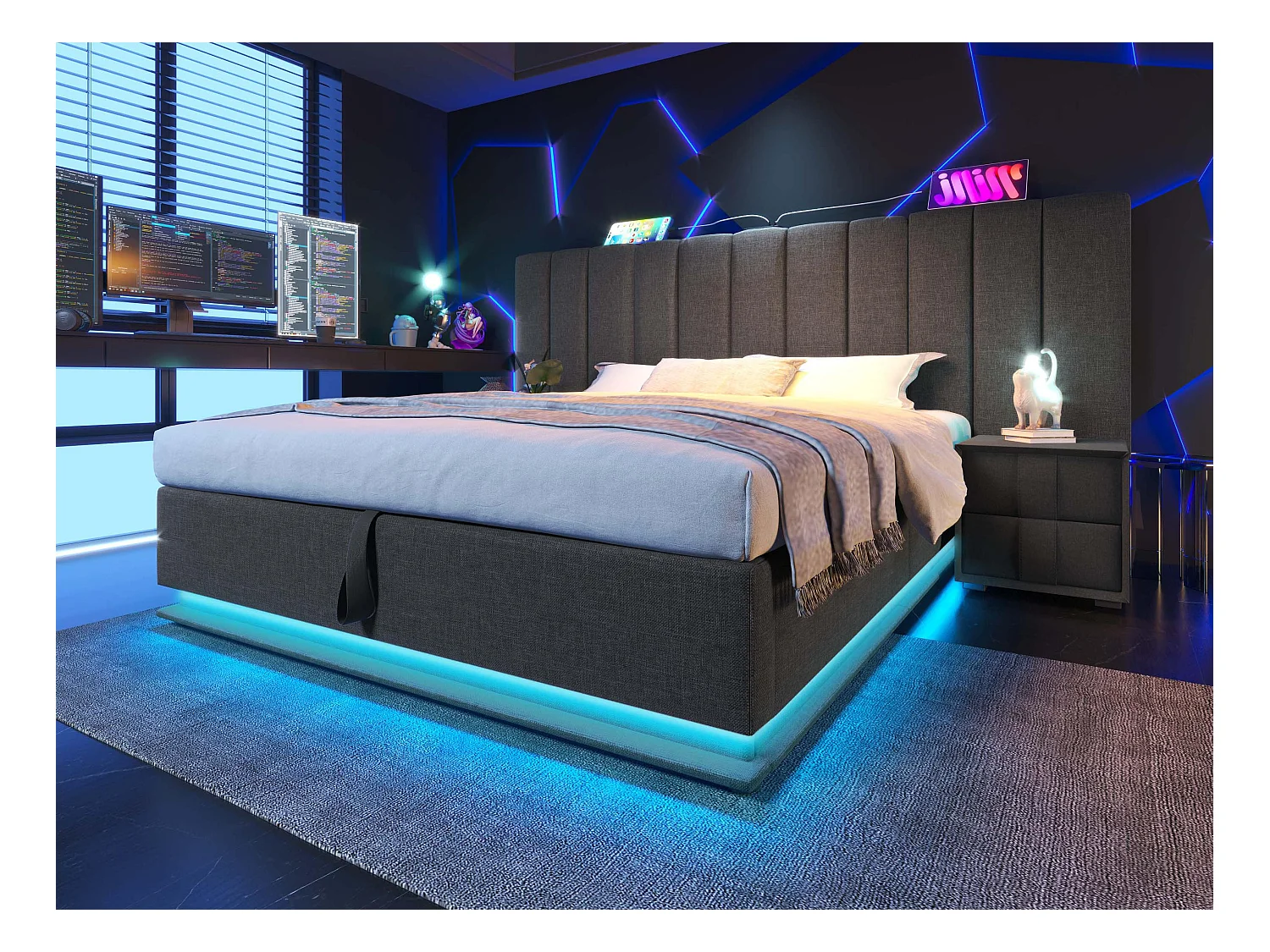Lit coffre rembourré en lin 160×200cm - avec LED et chargements - avec sommier à lattes - Gris